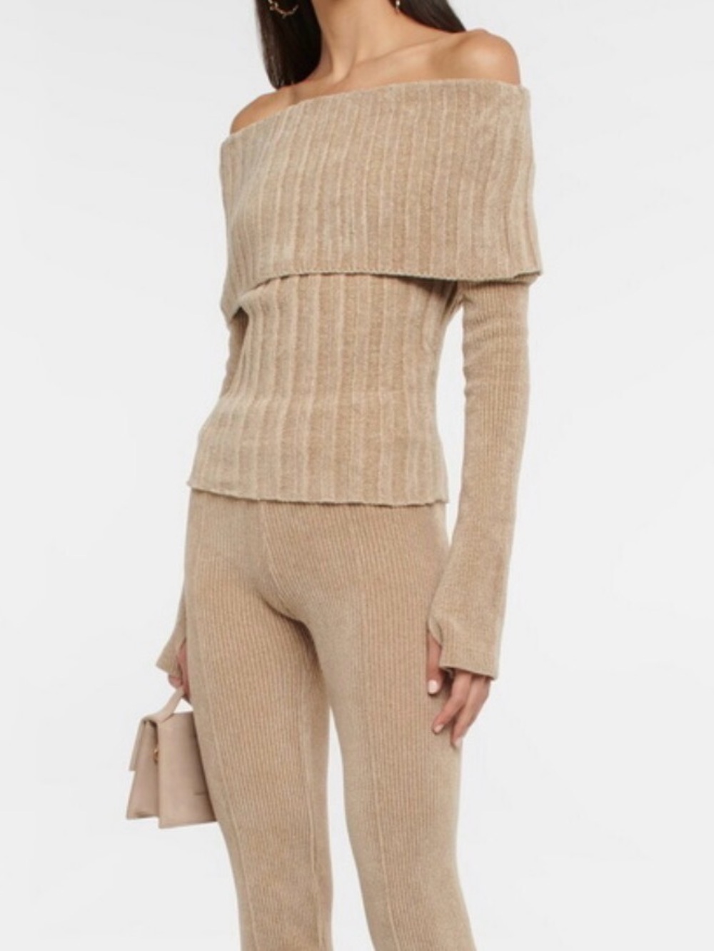 JACQUEMUS La Maille Duci Off-The-Shoulder Ribbed Crop Sweater Knit Beige FR 38